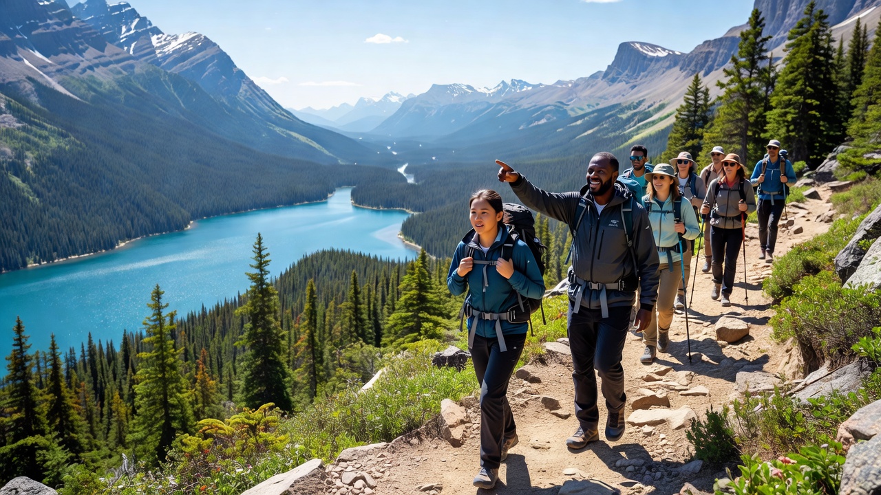 Group hiking on ridge